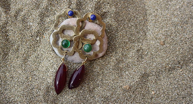 earrings lucky pendants silver gold plated with lapis lazuli, emerald and sugilite