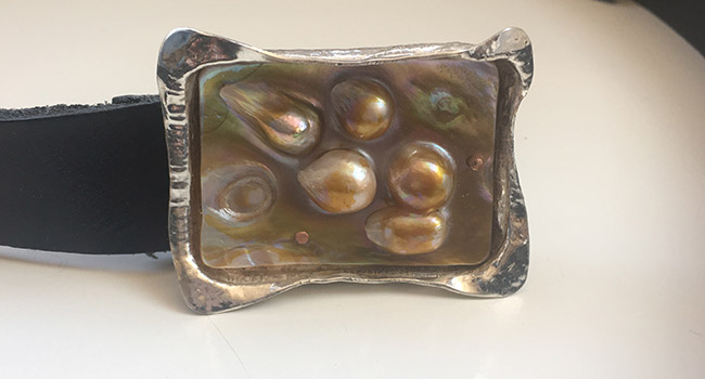 leather belt buckle silver with freshwater cultured pearls